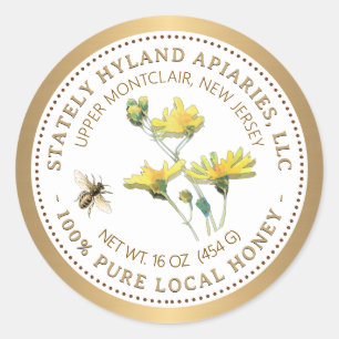 Honinglabel Gele Bloem Bij en Gouden Rand Ronde Sticker