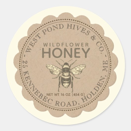 Honinglabel Kraft Scallop  Bee Ronde Sticker (Voorkant)