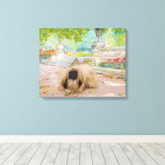 Honingpekingese in de Floral Canvas Afdruk (Insitu (Houten vloer))