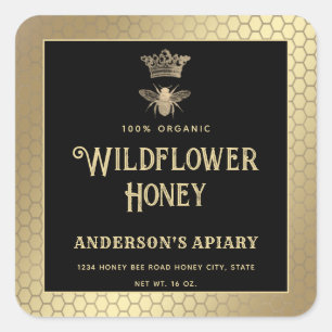 Honingpot goud zwart moderne bijenkoningin vierkante sticker