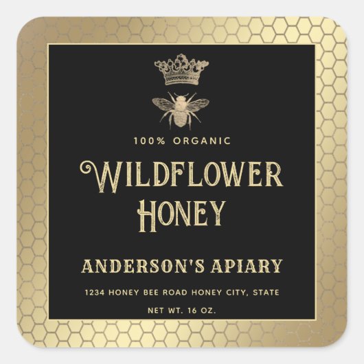 Honingpot goud zwart moderne bijenkoningin vierkante sticker (Voorkant)