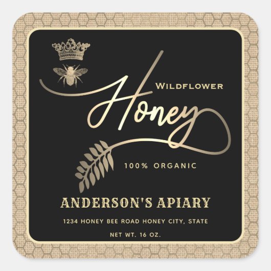 Honingpot modern script koningin bijenlinnen look vierkante sticker (Voorkant)