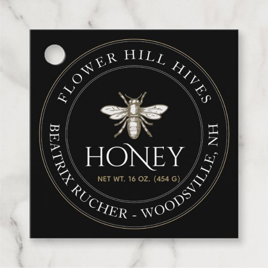 Honingpot Neklabel Zwart met Franse Bij Bedankjes Labels (Voorkant)