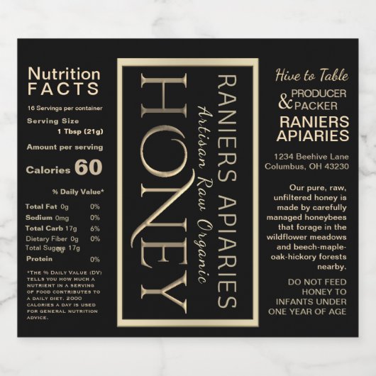 HONINGPOT WATERDICHT VOEDSELETIKET ZWART GOUD 4"x3 Sparkling Wijnetiket (Enkel label)