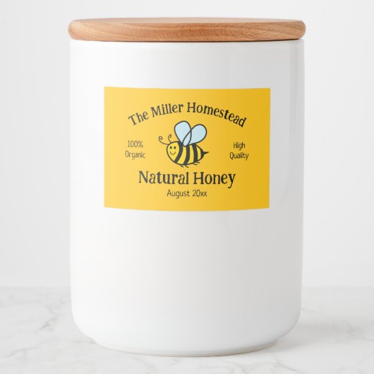 Honingpotje label sjabloon met leuke bijen cartoon voedselcontainer etiket (Voorkant)