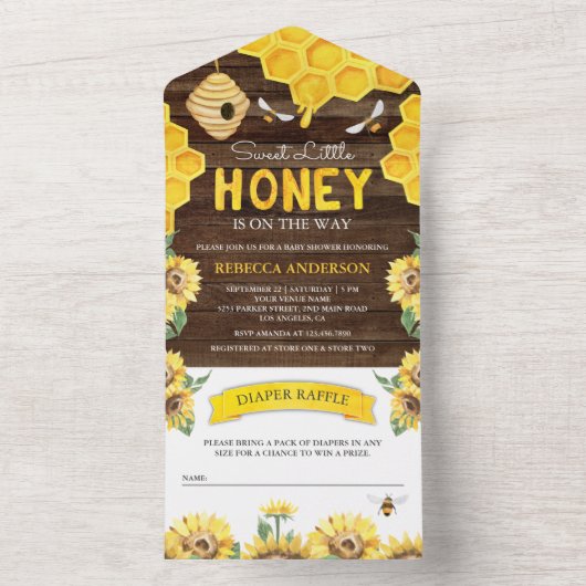Honingraat Beehive Honey Bee Barn Wood Baby shower All In One Uitnodiging (Binnen)