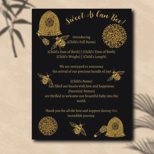  honingraat bij zwarte geboorte aankondiging briefkaart