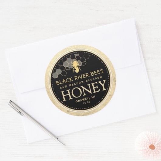 Honingraat en honingbijen Iridescent Yellow Border Ronde Sticker (Envelop)