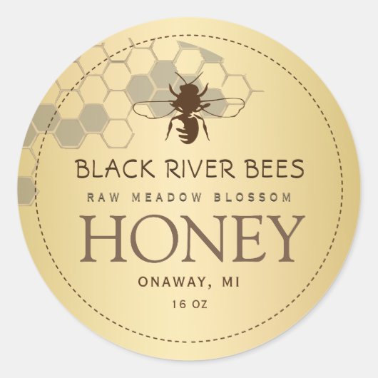 Honingraat en honingraat gouden gradiënt bij bijen ronde sticker (Voorkant)
