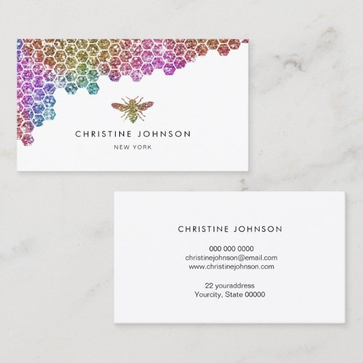 honingraat faux regenboog glitter bee visitekaartje (Voorkant / Achterkant)
