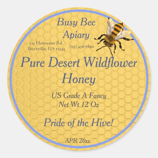 Honingraat Rond met Single Honeybee Honey Label (Voorkant)