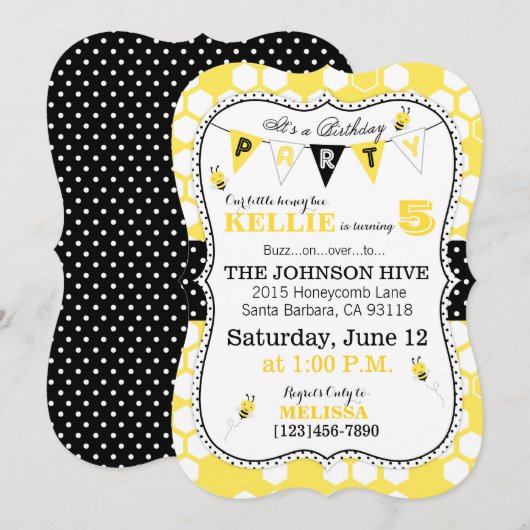 Honingraat Stippen en Bumble Bee Birthday Invite Kaart (Voorkant / Achterkant)