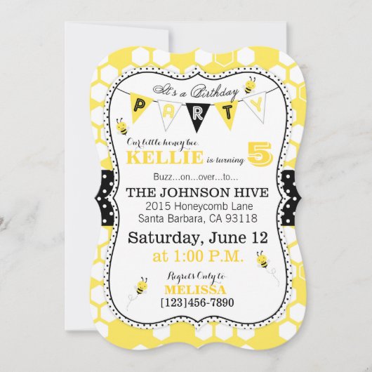 Honingraat Stippen en Bumble Bee Birthday Invite Kaart (Voorkant)