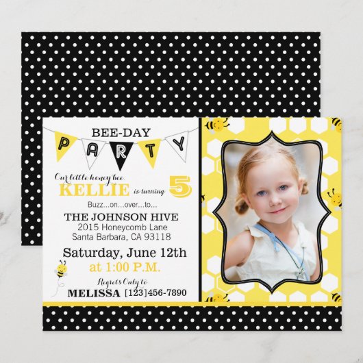 Honingraat Stippen en Bumble Bee Verjaardag Uitnod Kaart (Voorkant / Achterkant)