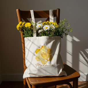 Honingraat Waterverf Bloem- en honingbijenmonogram Tote Bag