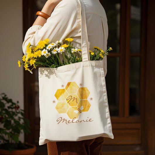 Honingraat Waterverf Bloem- en honingbijenmonogram Tote Bag