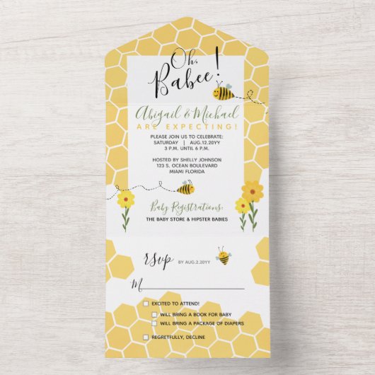 Honingraat Waterverf Bumble Bee Baby shower All In One Uitnodiging (Binnen)
