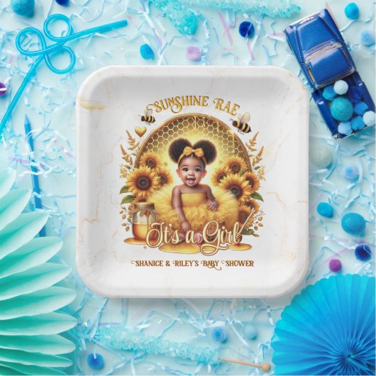 Honingraat & Zonnebloemen Schattige Afro Puff Baby Papieren Bordje (Feest)