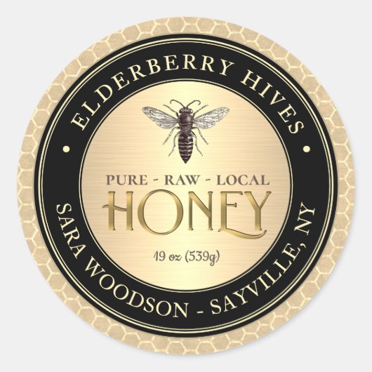 Honingraat Zwart Goud Honing Label Queen Bee (Voorkant)