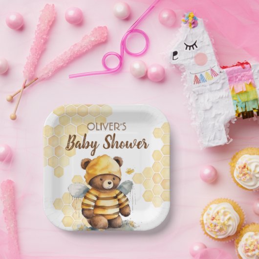 Honingraten en bruine honing teddybeer Baby shower Papieren Bordje (Feest)