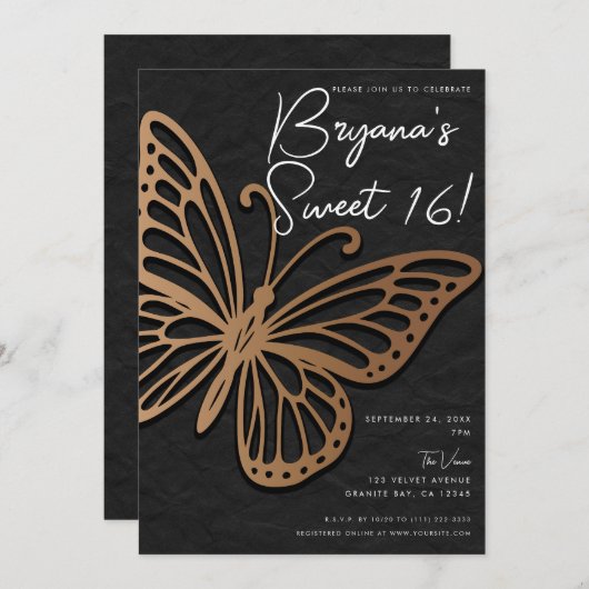 Honingwind Bruin Zwart Boho Butterfly Sweet 16 Kaart (Voorkant / Achterkant)