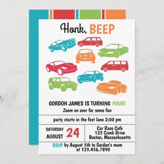 Honk Beep Automobile/Auto's Verjaardagsfeest Kaart (Voorkant / Achterkant)