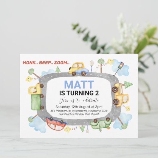 Honk Beep Zoom Transport Birthday Party Uitnodigin Kaart (Staand voorkant)