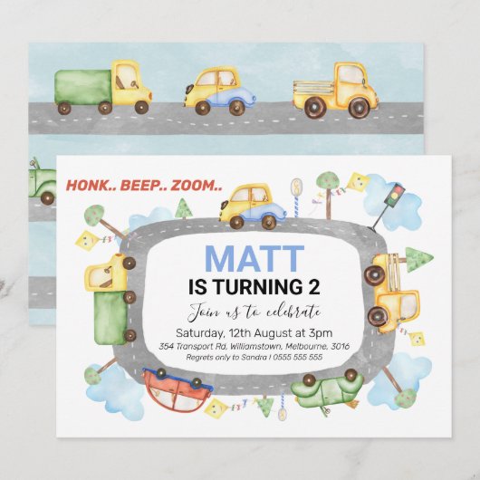 Honk Beep Zoom Transport Birthday Party Uitnodigin Kaart (Voorkant / Achterkant)