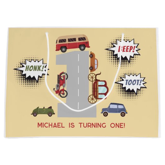 Honk piep toot retro voertuigen eerste jongen verj groot cadeauzakje (Voorkant)