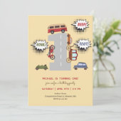 Honk piep toot retro voertuigen eerste jongen verj kaart (Staand voorkant)