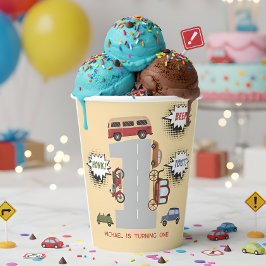 Honk piep toot retro voertuigen eerste jongen verj papieren bekers