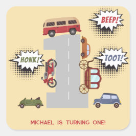 Honk piep toot retro voertuigen eerste jongen verj vierkante sticker