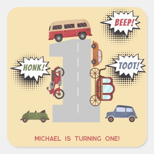 Honk piep toot retro voertuigen eerste jongen verj vierkante sticker (Voorkant)