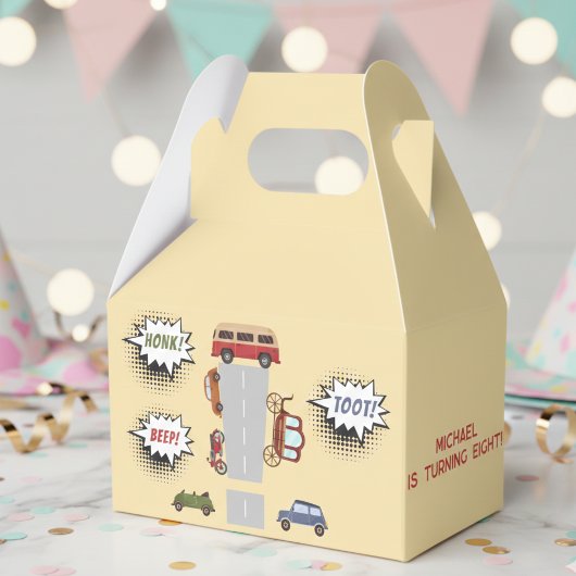 Honk piep toot retro voertuigen jongen verjaardag bedankdoosjes