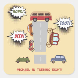 Honk piep toot retro voertuigen jongen verjaardag vierkante sticker