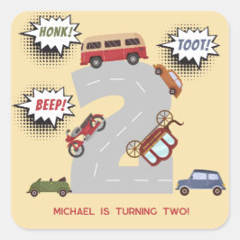 Honk piep toot retro voertuigen tweede jongen verj vierkante sticker