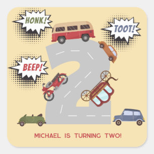 Honk piep toot retro voertuigen tweede jongen verj vierkante sticker