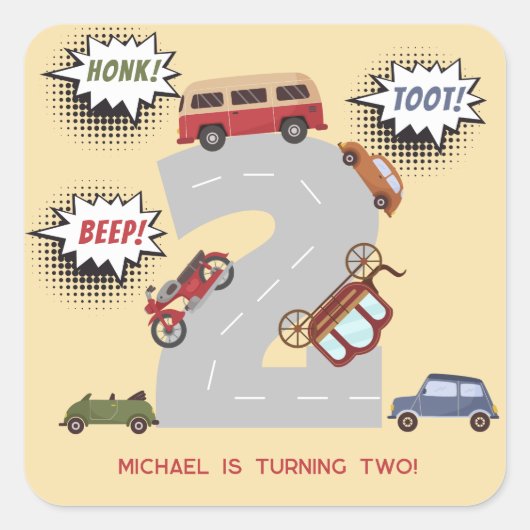 Honk piep toot retro voertuigen tweede jongen verj vierkante sticker (Voorkant)