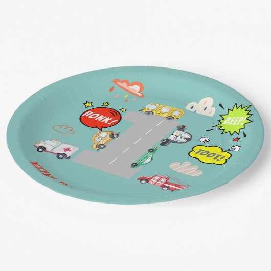 Honk piep toot voertuigen eerste jongen verjaardag papieren bordje (Gekanteld)