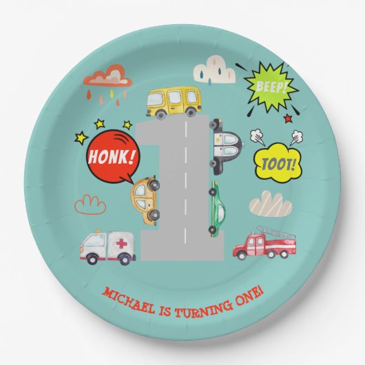 Honk piep toot voertuigen eerste jongen verjaardag papieren bordje (Voorkant)