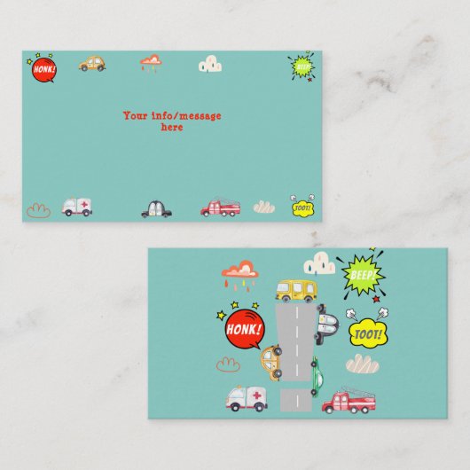 Honk piep toot voertuigen jongen verjaardag informatiekaartje (Voorkant / Achterkant)