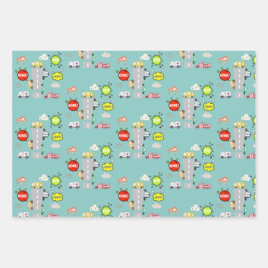 Honk piep toot voertuigen jongen verjaardag inpakpapier vel (Voorkant 2)