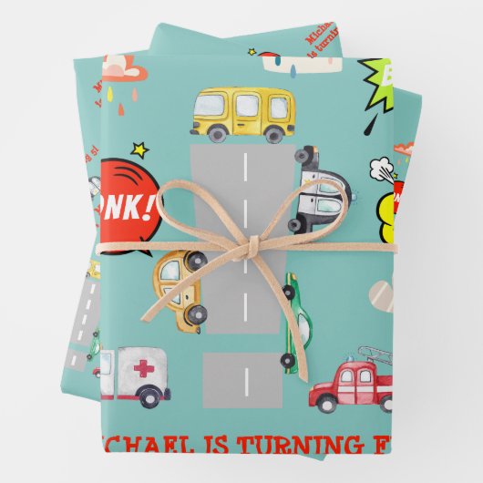 Honk piep toot voertuigen jongen verjaardag inpakpapier vel (In situ)