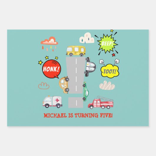 Honk piep toot voertuigen jongen verjaardag inpakpapier vel (Voorkant)