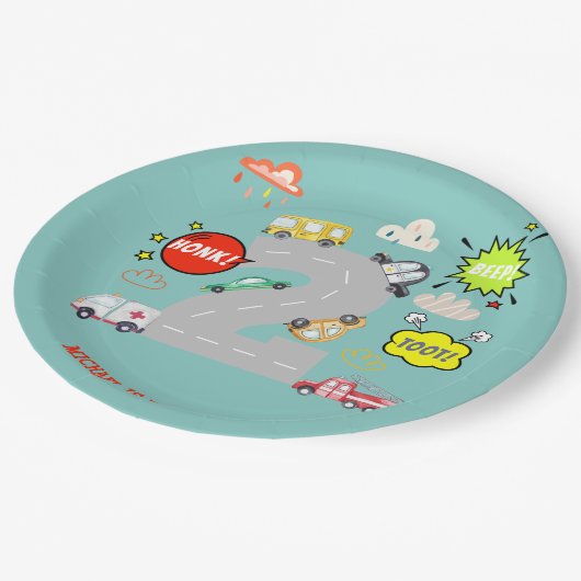 Honk piep toot voertuigen jongen verjaardag papieren bordje (Gekanteld)