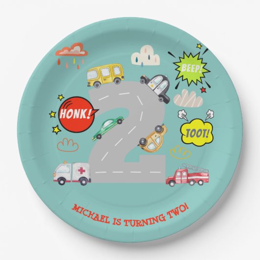 Honk piep toot voertuigen jongen verjaardag papieren bordje (Voorkant)
