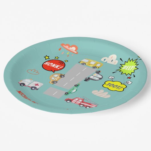 Honk piep toot voertuigen jongen verjaardag papieren bordje (Gekanteld)