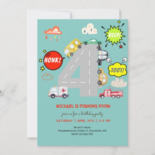 Honk piep toot voertuigen voort jongen verjaardag kaart (Voorkant)