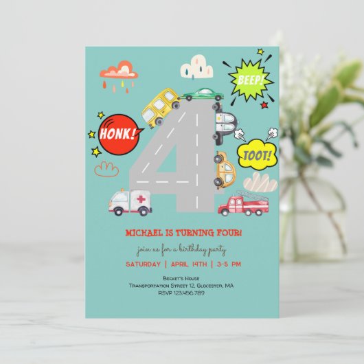 Honk piep toot voertuigen voort jongen verjaardag kaart (Staand voorkant)