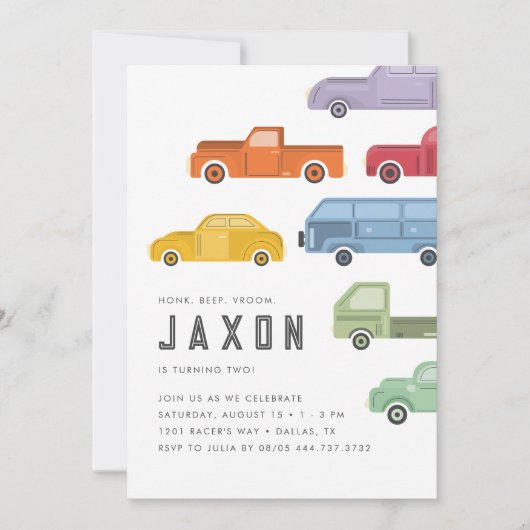 Honk Piep Vroom Kinder Auto Verjaardagsfeestje Kaart (Voorkant)